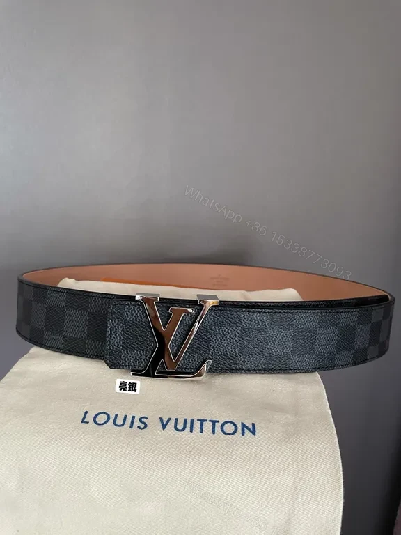 View 5 of Checkerboard LV-Style Belt: Charcoal Leather with Signature Buckle