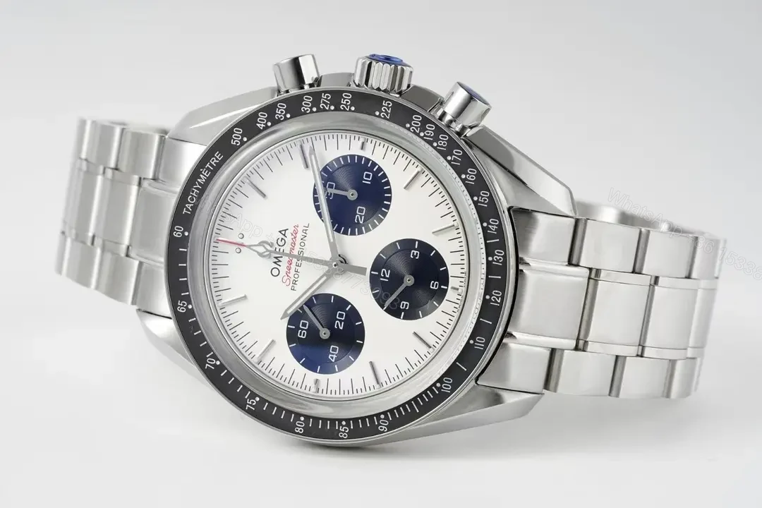 View 5 of Omega Speedmaster Professional Chronograph Watch White Dial Black Sub dials Stainless Steel Bracelet 44mm Case Automatic Caliber 9300 Dual Curved Sapphire Crystal