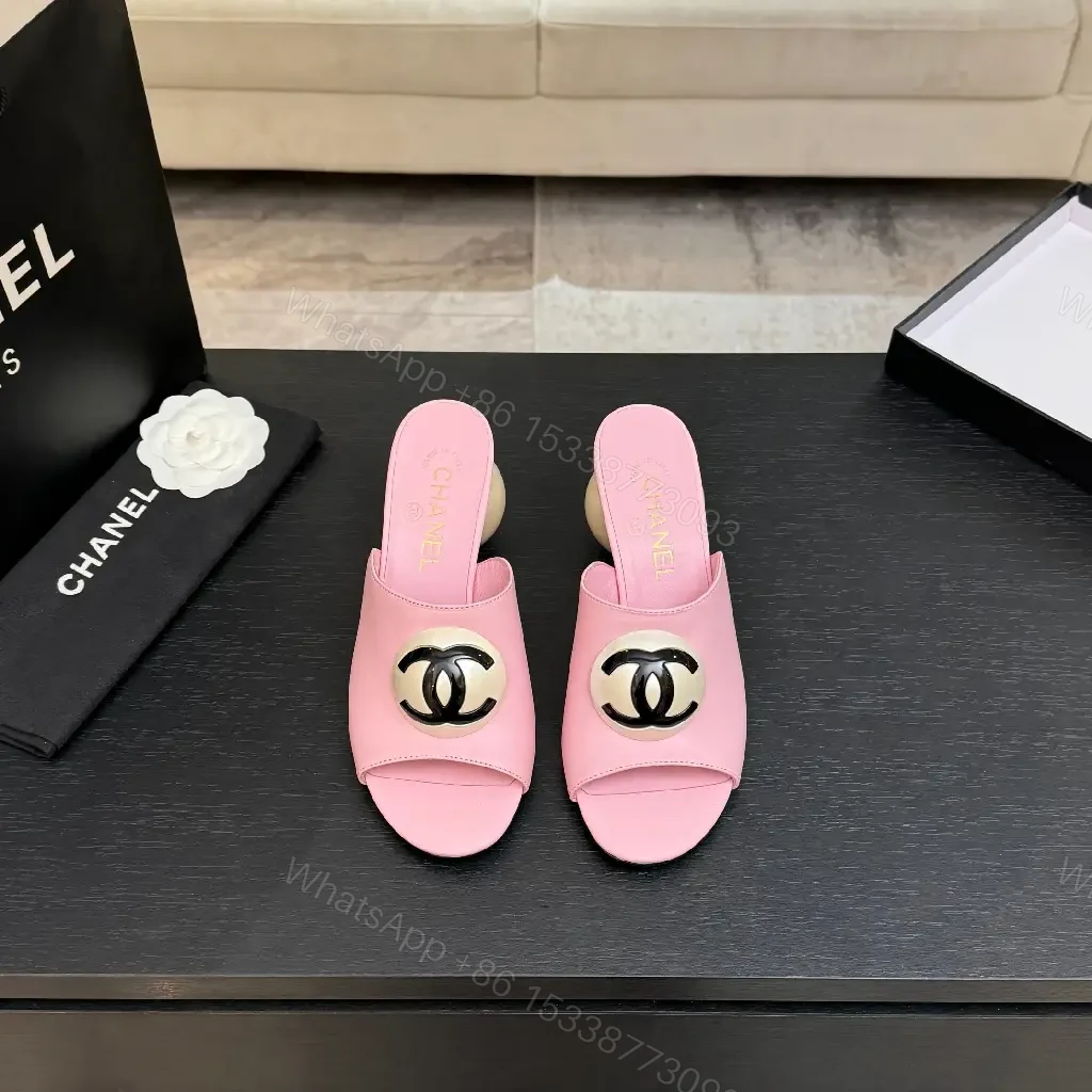 View 6 of Pastel Pink Leather Slides with Double-Circle Hardware, Open-Toe Comfort