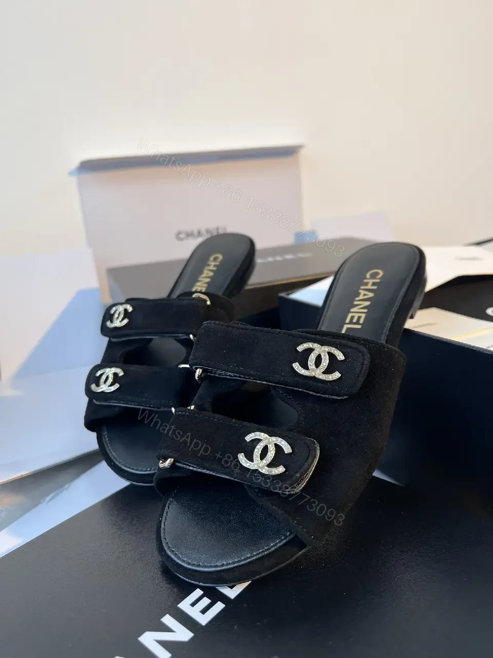 View 5 of Black Velvet Slide Sandals with Signature Hardware