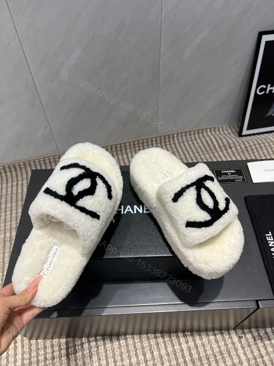 View 4 of Chic Plush Slippers: Memory-Foam Comfort, Logo Detail