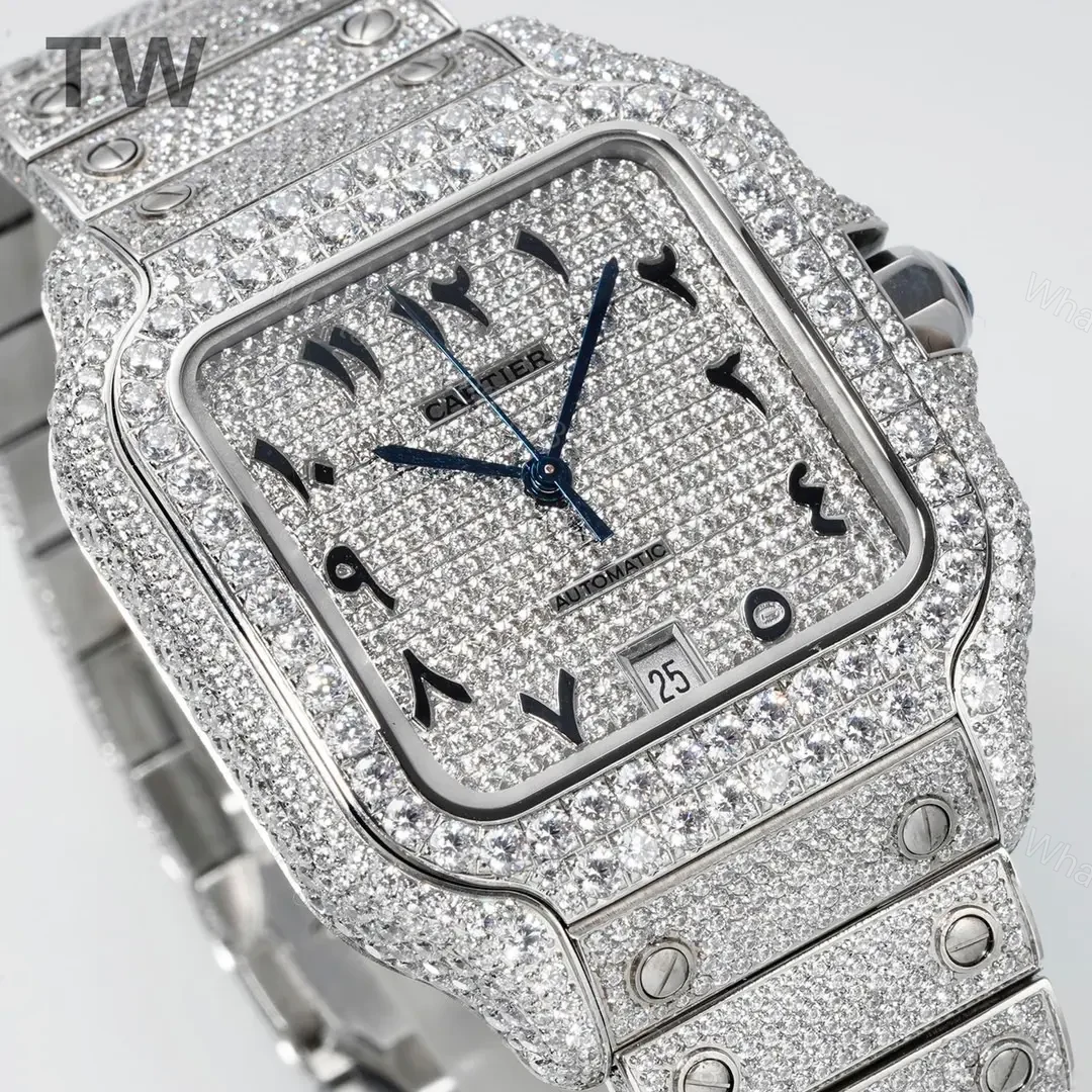 View 2 of K11 Factory Cartier Santos Large Diamond Bezel Full Diamond Set Watch – Silver with Blue Hands, Automatic Movement, 40mm Stainless Steel Case, Sapphire Crystal, QuickSwitch Strap System