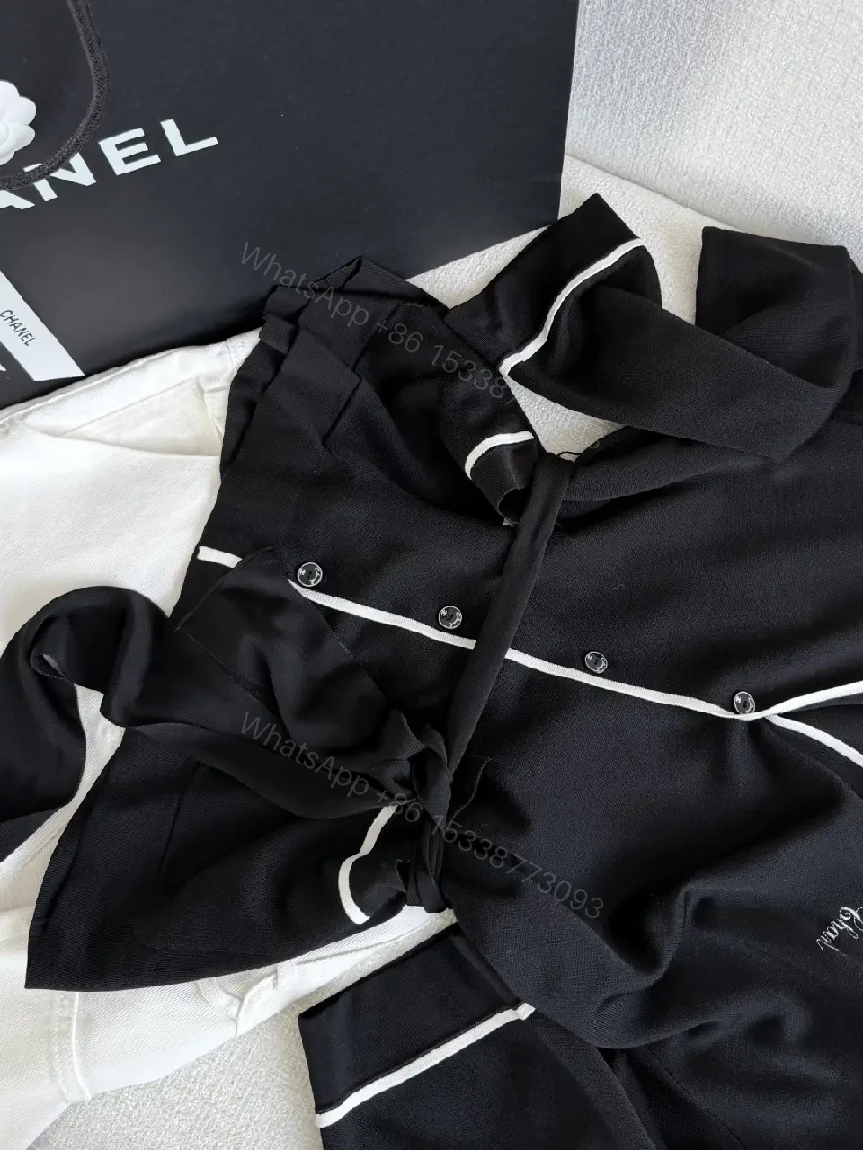 View 7 of Black Belted Robe-Style Cardigan with White Piping, Front Placket, Cuffs, Hem, Button Closure, Chanel-Inspired