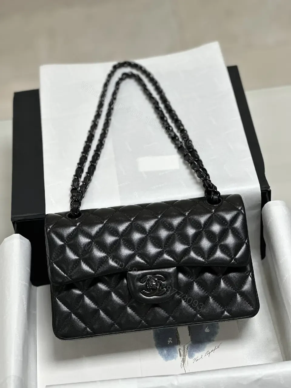 View 3 of Black Diamond Quilted Flap Bag with Chain Strap, Chanel-Inspired