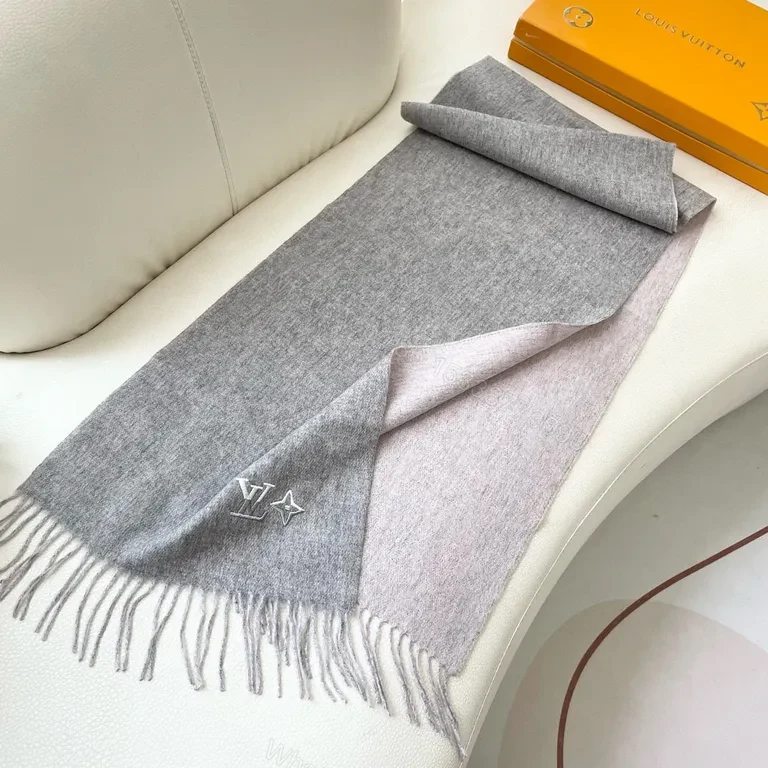 View 4 of Soft Luxury Scarf - Knit, Fringe, LV-Influenced Emblem - 5 Colors - 60s Luxe