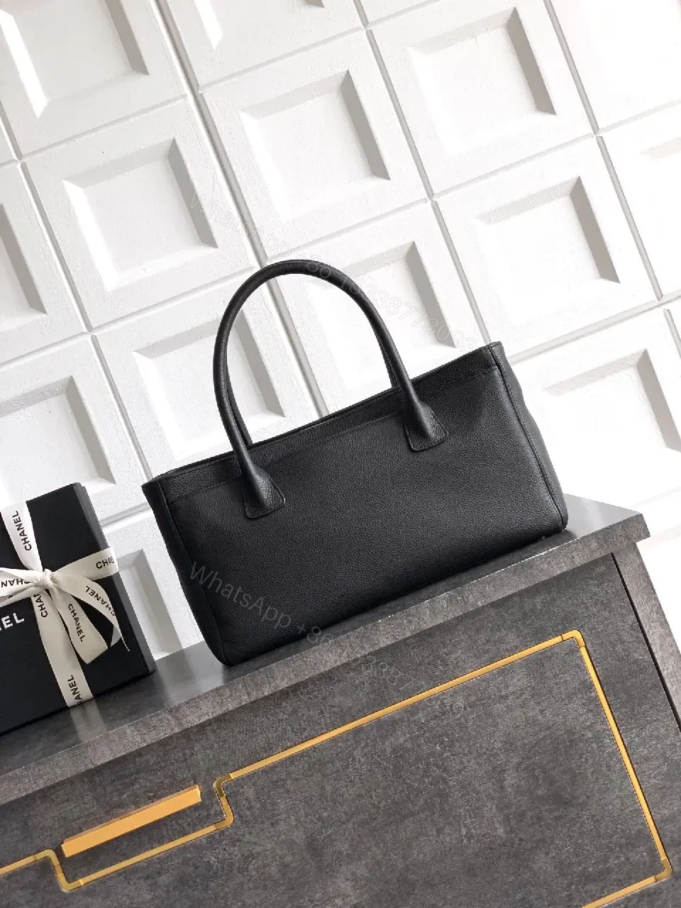 View 2 of Structured Black Leather Tote with Gold Closure Tote