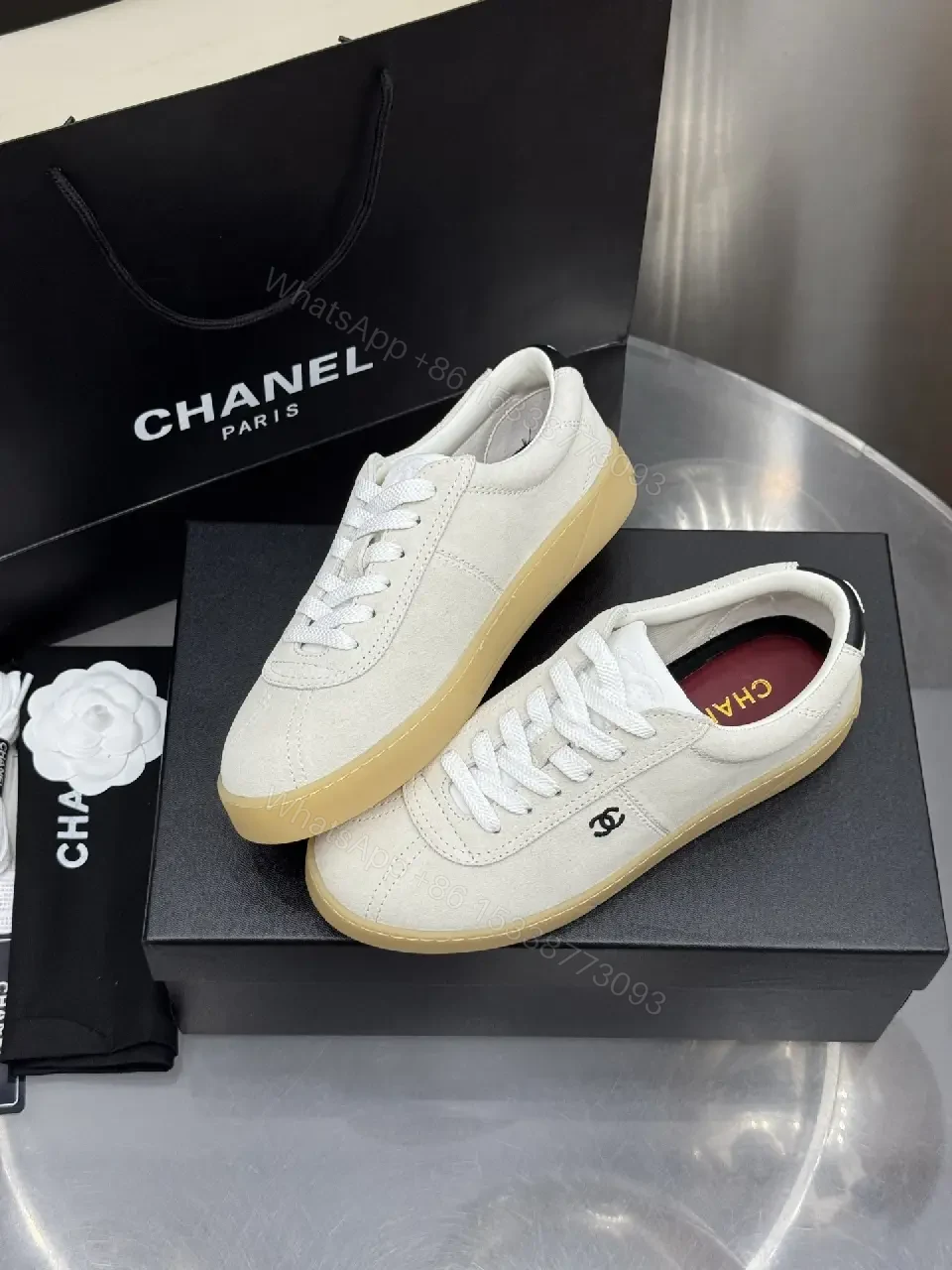View 3 of Beige Leather Style Sneakers with Gum Sole