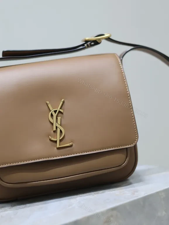 View 6 of Taupe Structured Leather Messenger Bag with Gold Logo, Minimalist Style