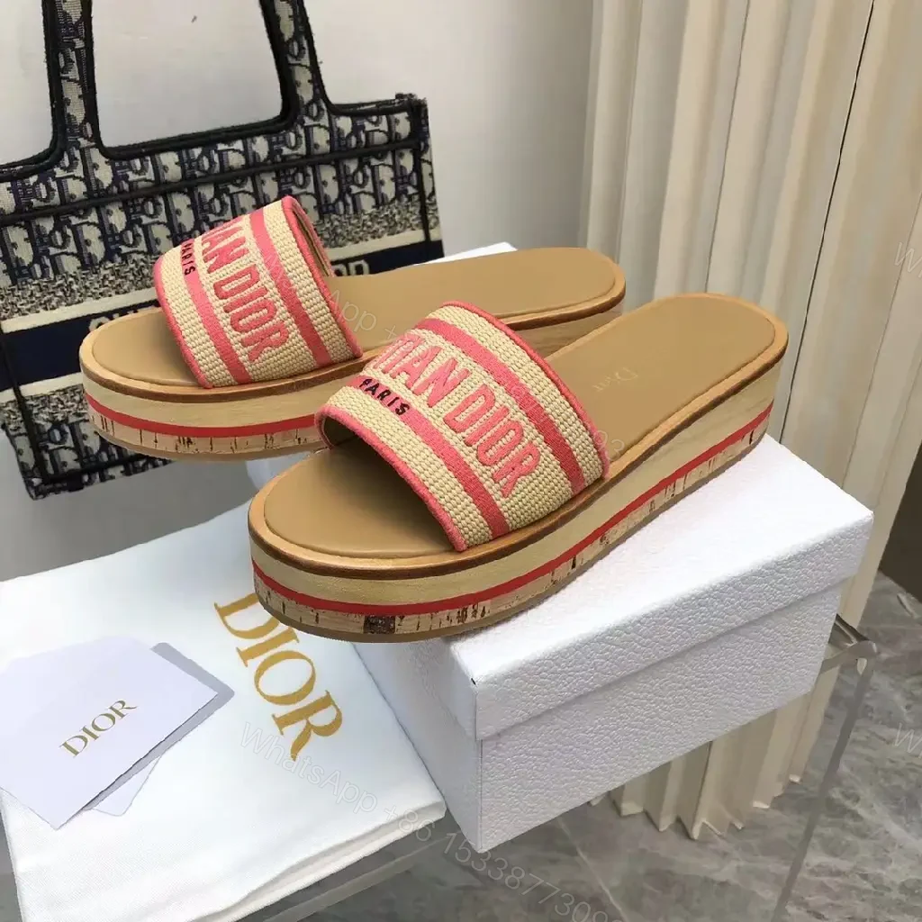 View 8 of Red-Tone Canvas Slide Sandals with Striped Band, Dior-inspired