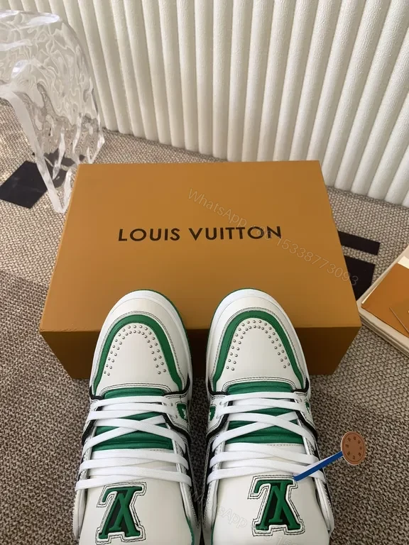 View 2 of Green & White Leather High-Tops with LV-Style Detailing Sneakers