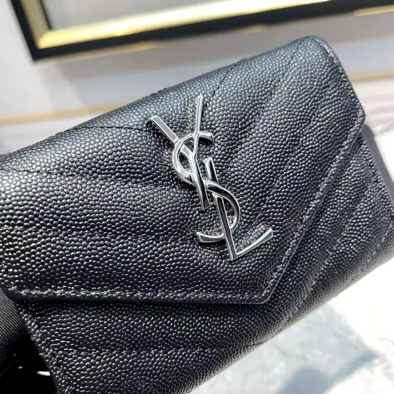 View 2 of Compact Black Pebble-Grain Leather Wallet with YSL Hardware