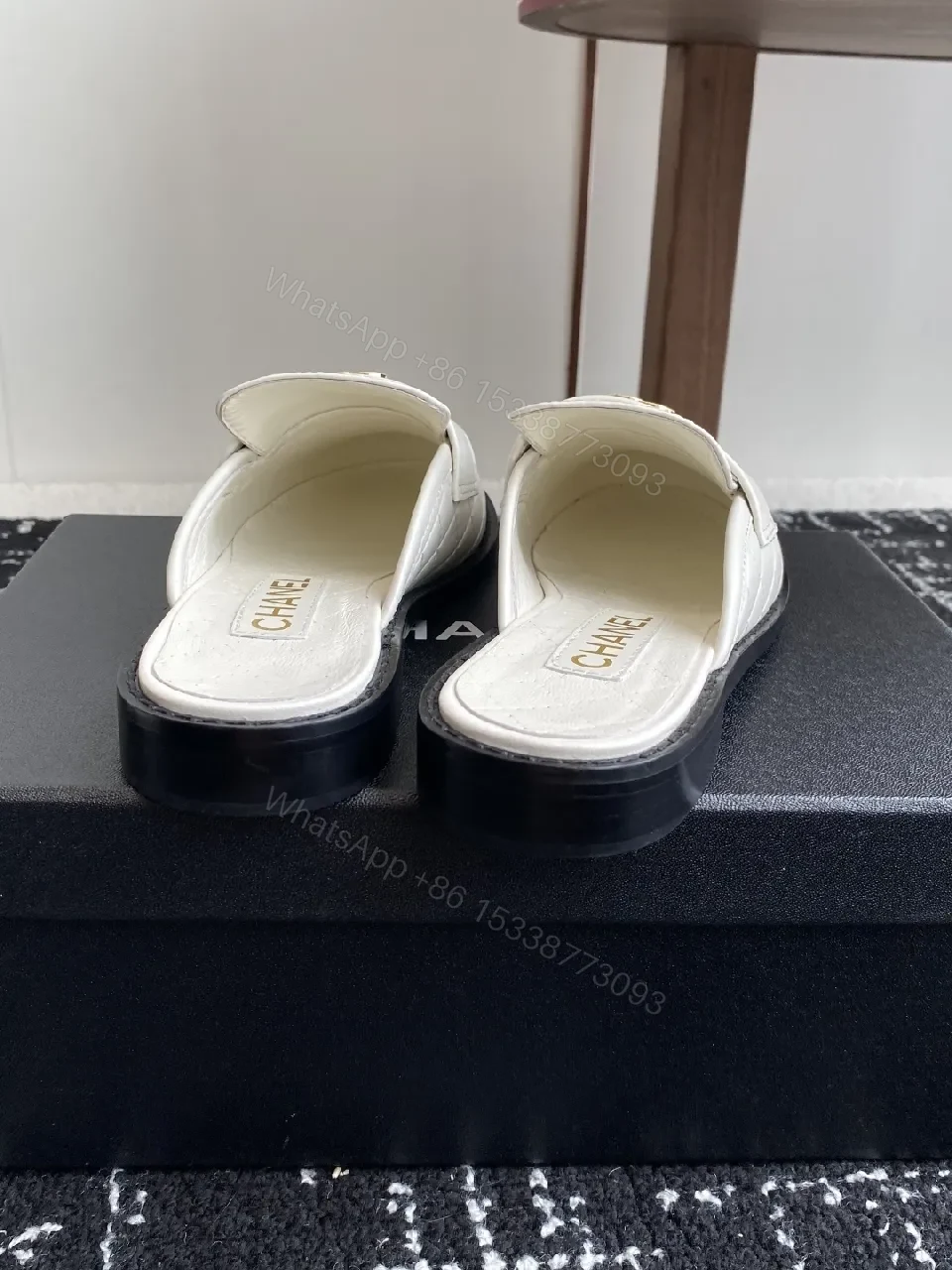 View 7 of Quilted White Leather Slides - Gold Hardware Luxury Slip-Ons