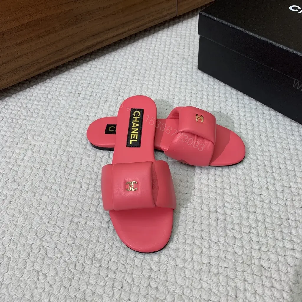 View 7 of Pink Leather Slide Sandals Gold Chanel Logo Slipper Style Bow Accent Sandal