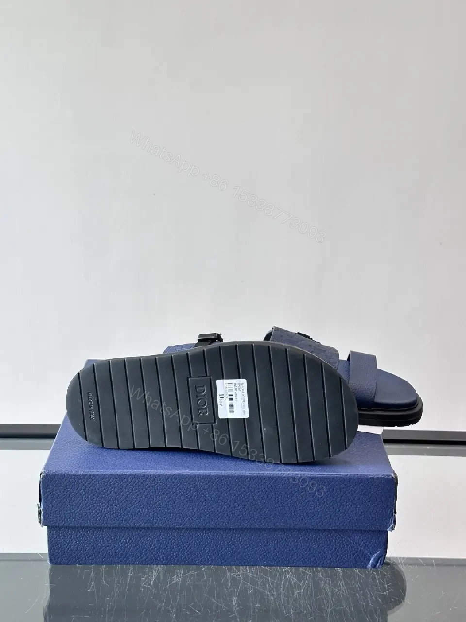 View 9 of Navy Leather Dior-Logo Slide Sandals with Buckle