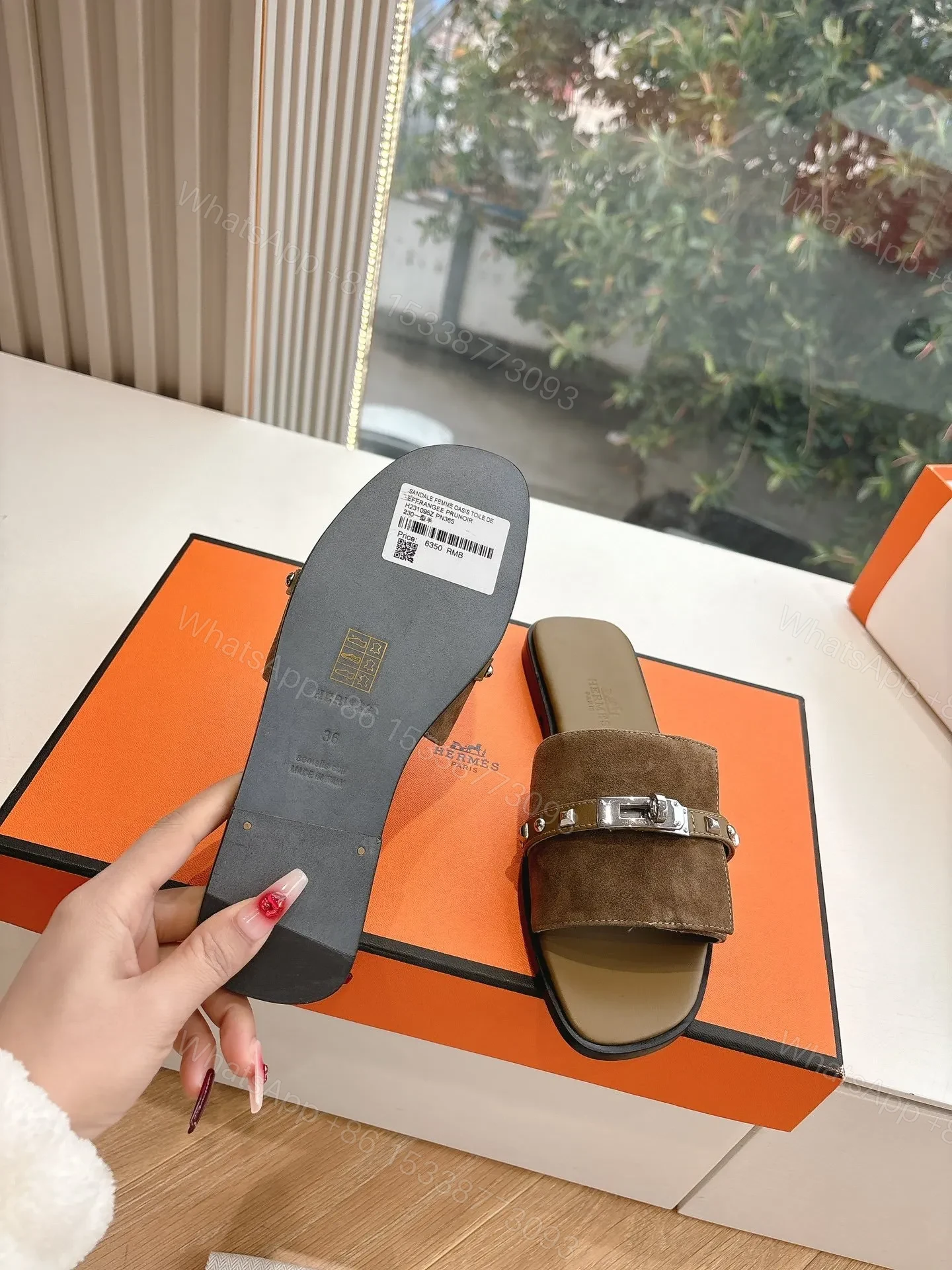 View 2 of Hermes Women Brown Suede Slide Sandals