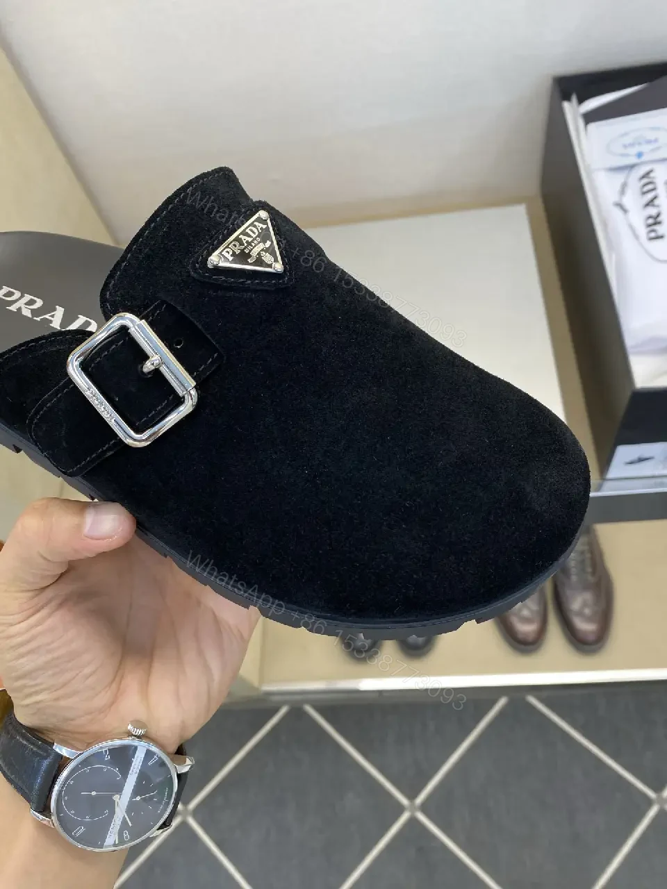 View 2 of Black Suede Prada Mule Slippers with Silver Buckle