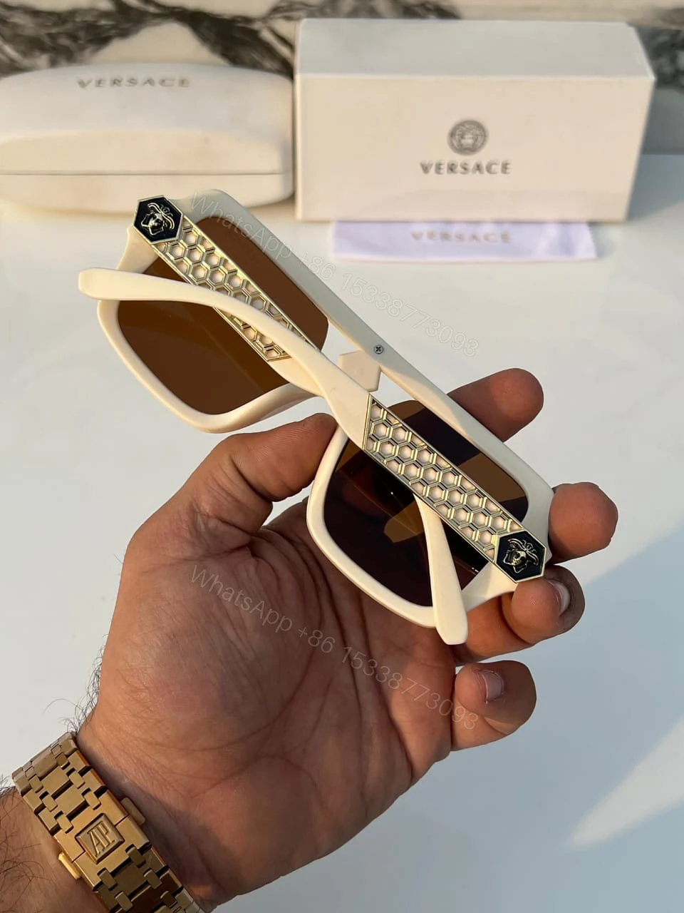 View 5 of Versace Sunglasses Rectangular Off-White Brown Gradient
