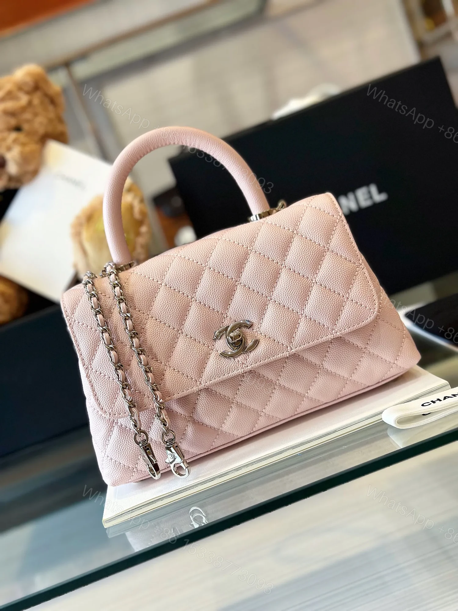 View 2 of Chanel Coco Handbags Leather Pink With Silver Lock 23cm
