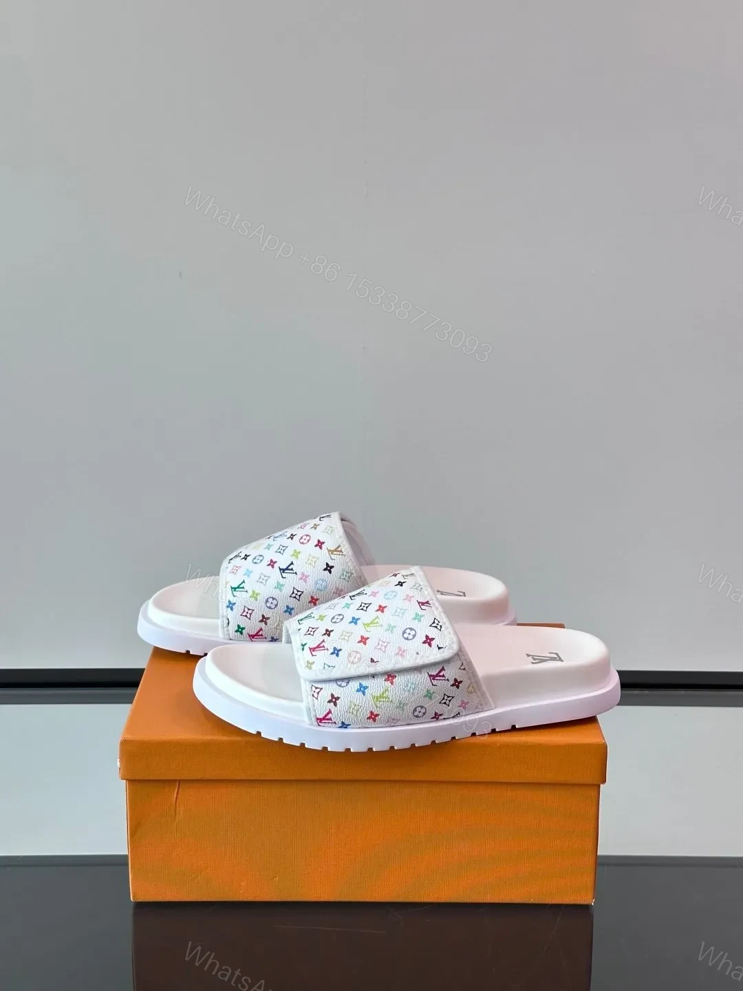 View 3 of LV Men White Patterned Leather Slides