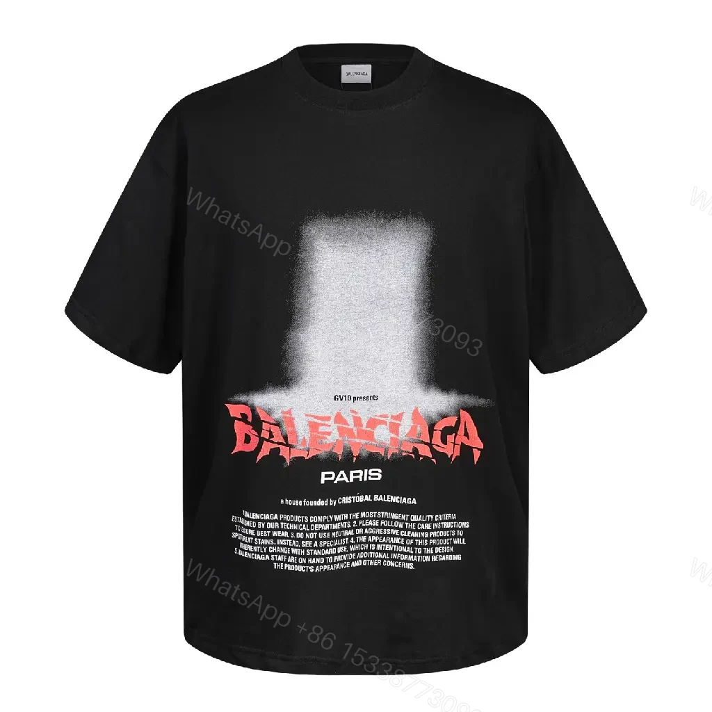 View 9 of Black Cotton Streetwear Graphic Tee with Balenciaga Paris Logo