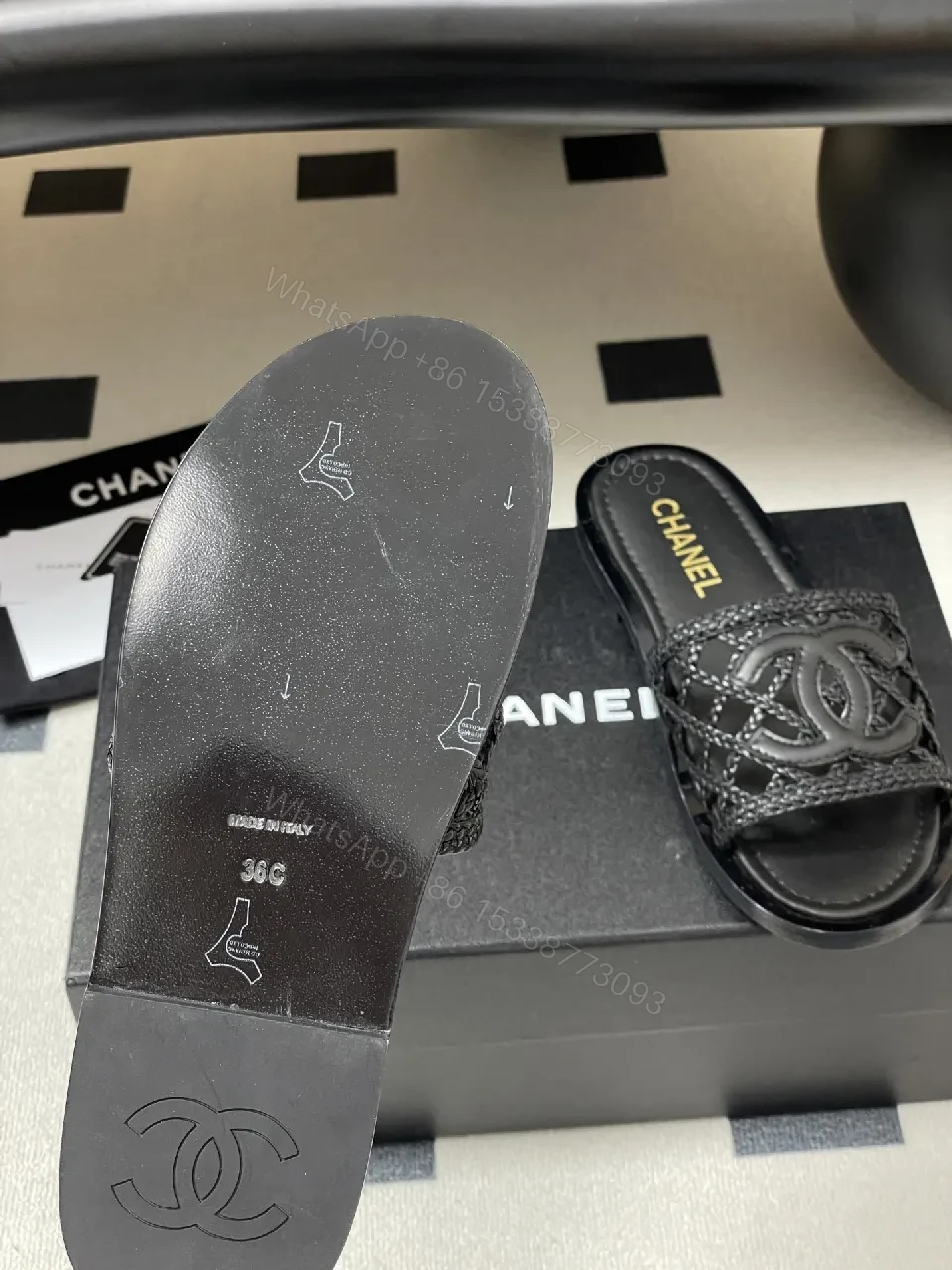 View 7 of Black Quilted Slide with Interlock Crest - Elevated Comfort Slipper