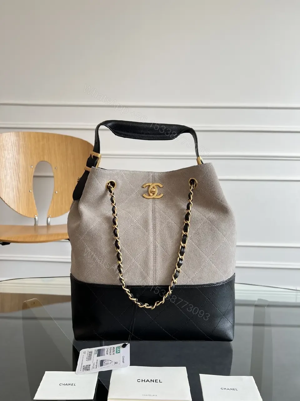 View 14 of Two-Tone Quilted Luxury Tote with Chain Detail Bag