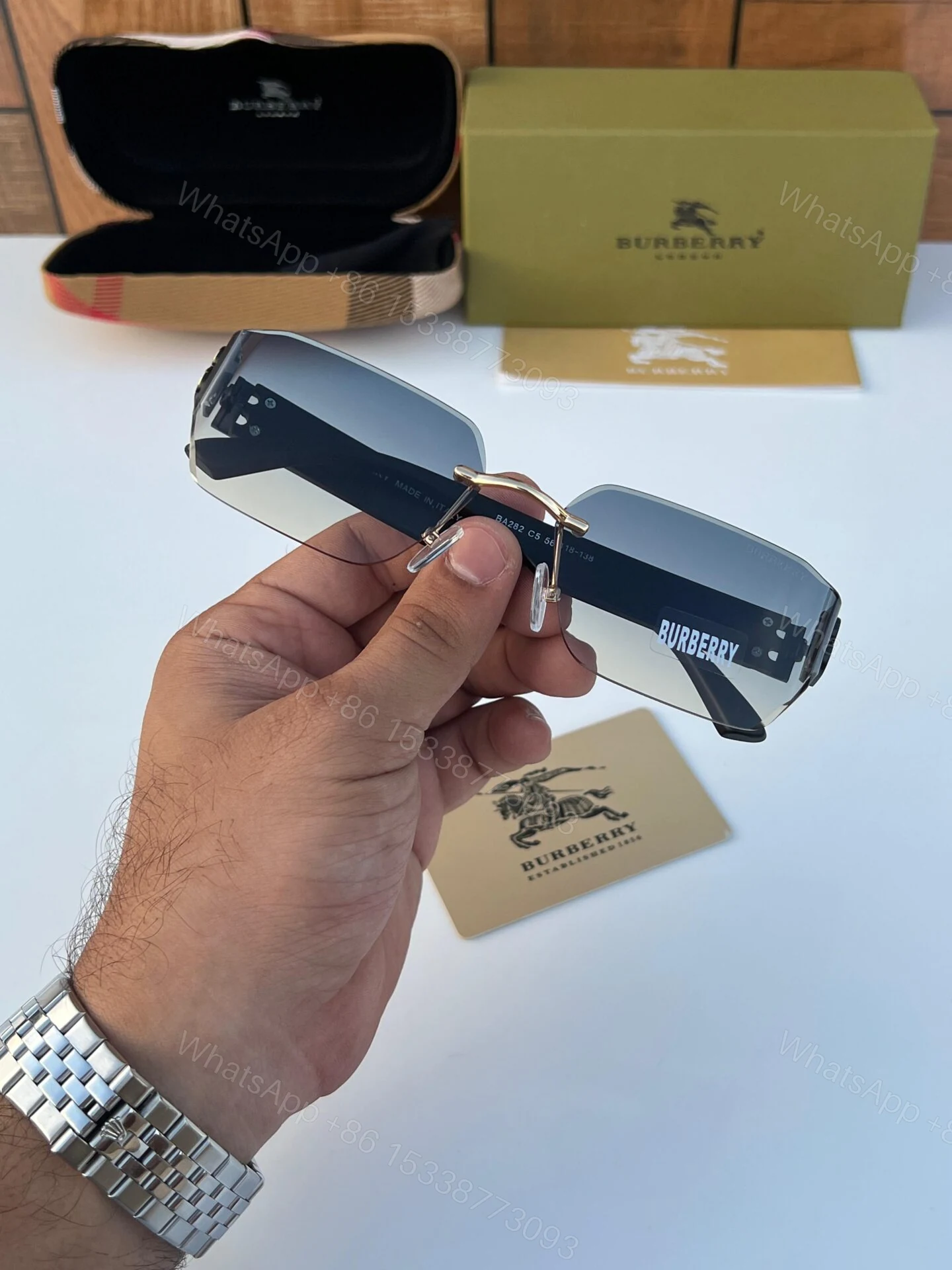 View 5 of Burberry Rimless Sunglasses Black-Grey