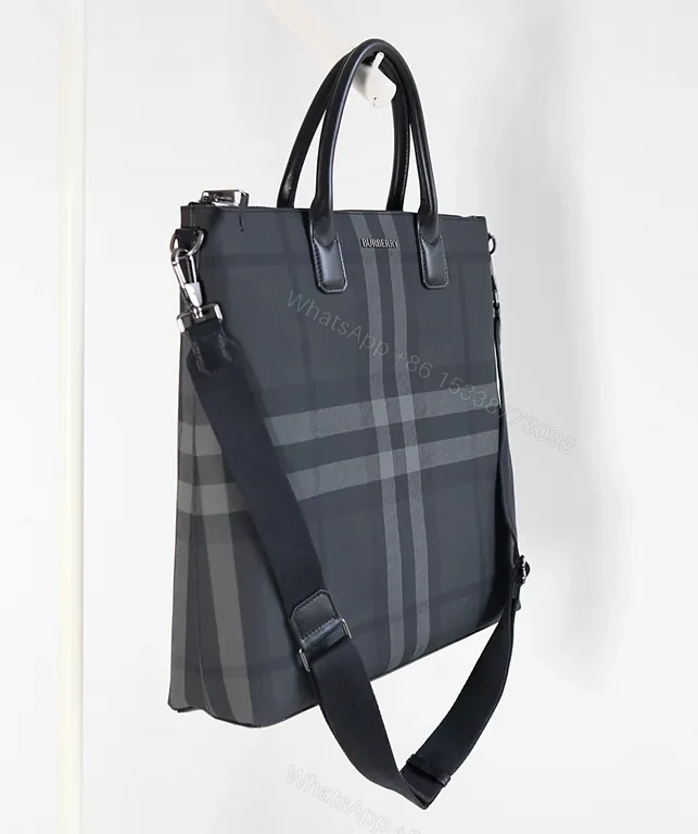 View 9 of Navy Burberry Check Tote: Leather-Trim Structured City Bag