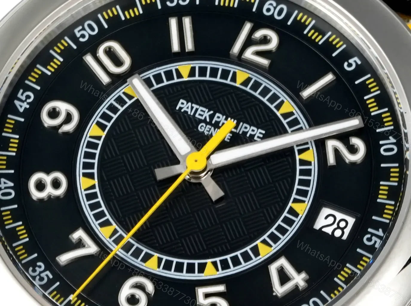 View 5 of Patek Philippe Calatrava Black Dial Stainless Steel Watch with Black Leather Strap Yellow Accents
