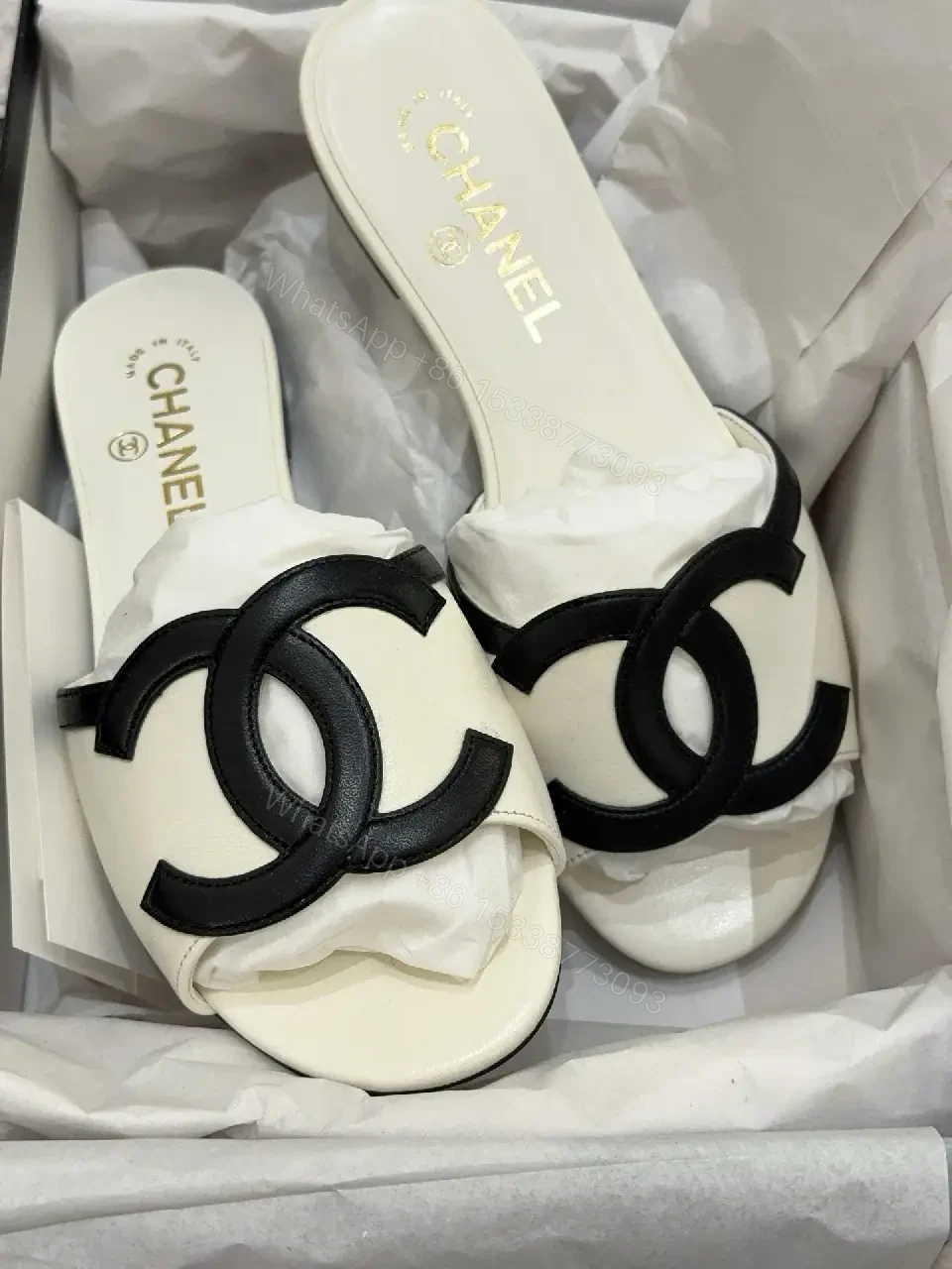View 7 of Cream Leather Chanel-Style Slide Sandals