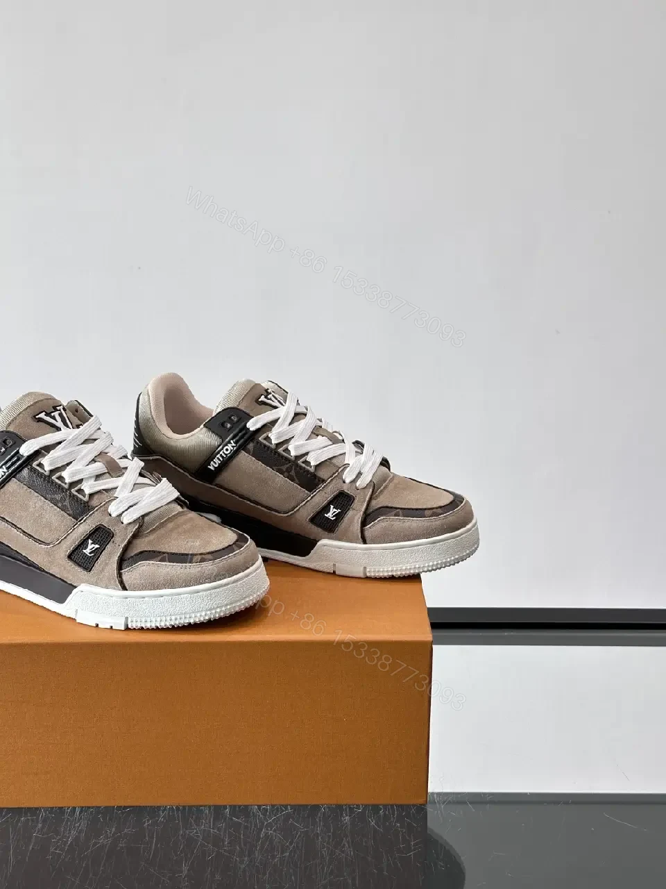 View 9 of Beige Suede Fabric Style Trainer Louis Vuitton Inspired Sneakers
