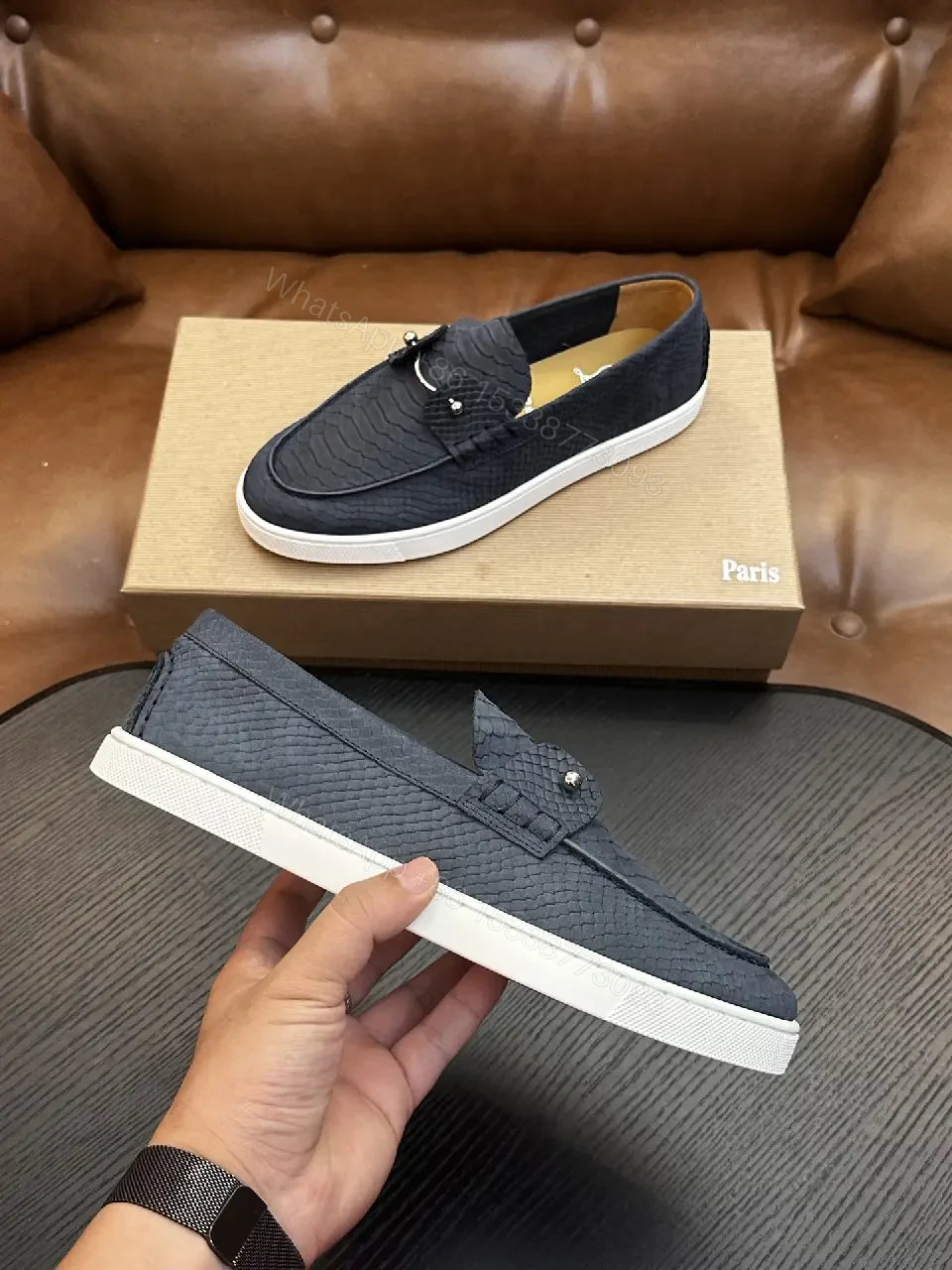 View 5 of black crocodile-embossed leather loafer with tassel slip-on for everyday luxury