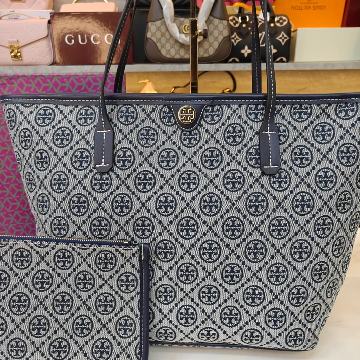 View 4 of First Copy Tory Burch T Monogram Large Zip Tote Bag Navy Blue