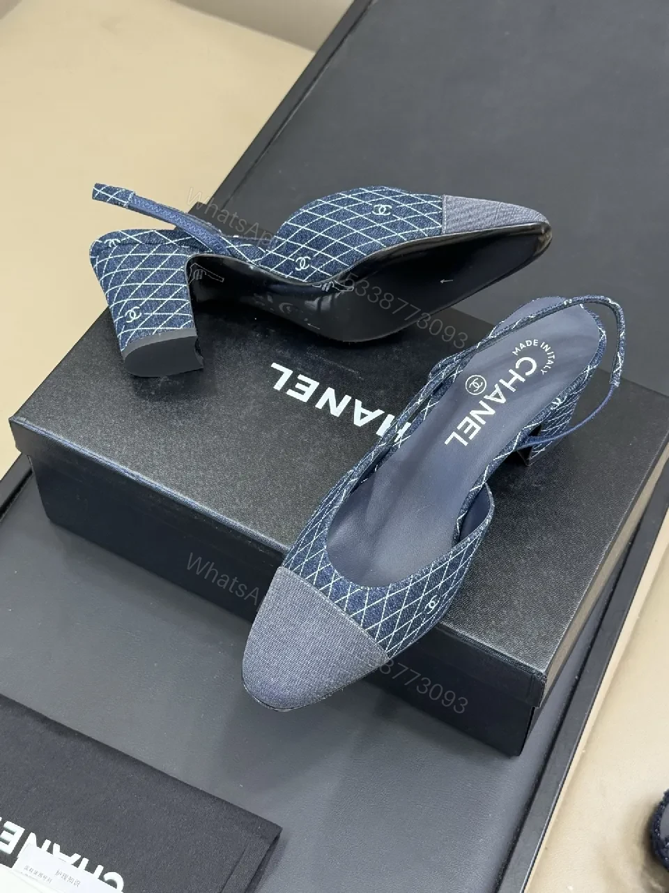 View 7 of Denim Diamond Slingbacks: Quilted Texture, Subtle Chanel Detailing