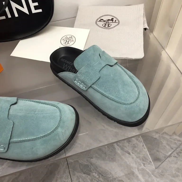View 7 of Powder Blue Suede Driving Slippers â€“ Luxury Hermes-Inspired Style