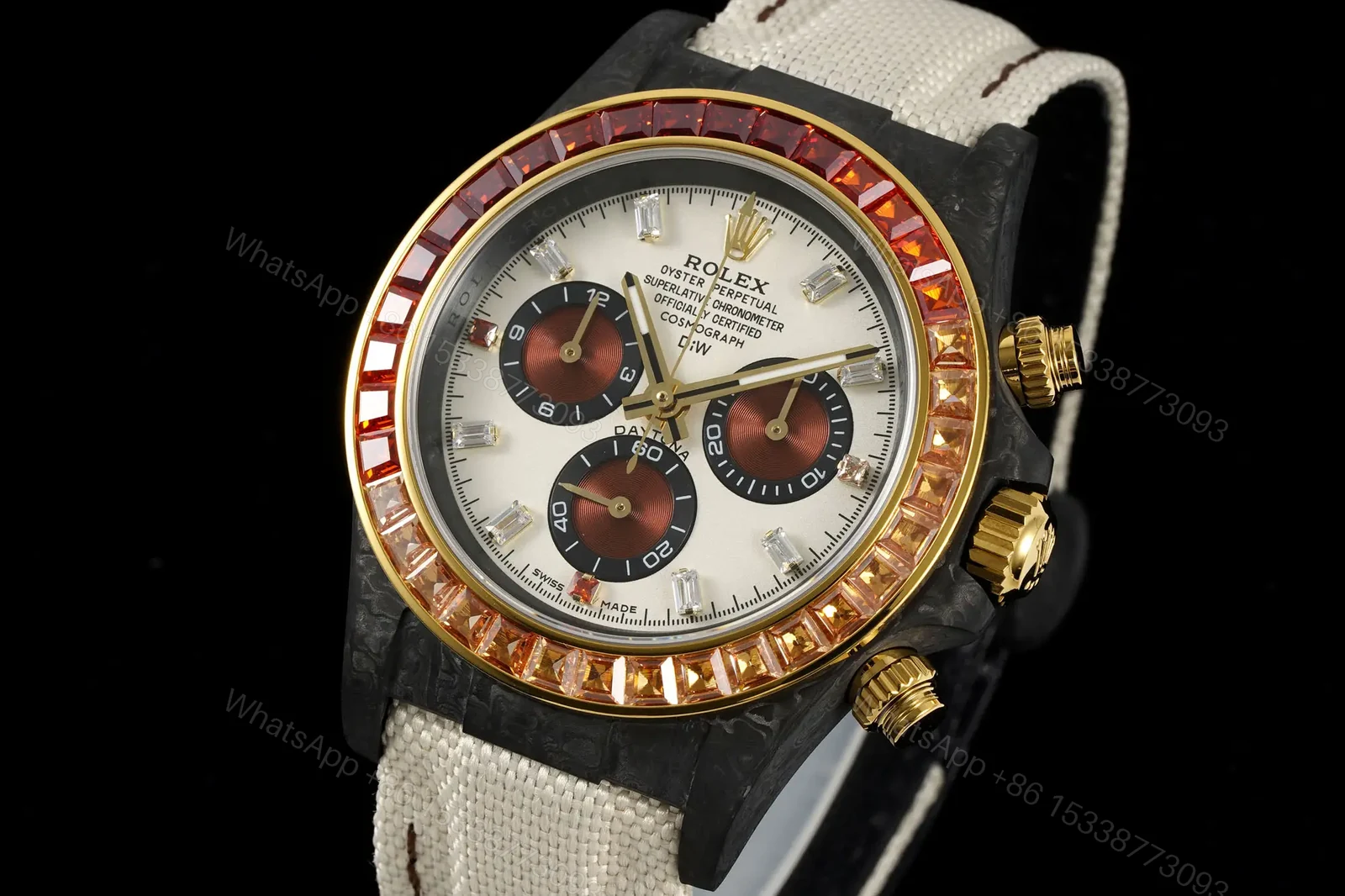 View 3 of Rolex Daytona 40mm Carbon Fiber Dial Rainbow Bezel White Strap Watch RLX-DAY-CARBON-40-RBW-WHT