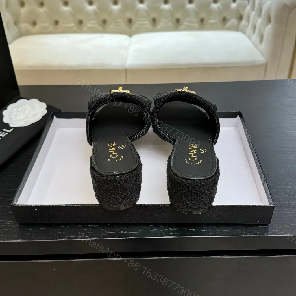 View 8 of Black Textured Slip-Ons with Gold Logo Hardware, Open-Back Slide