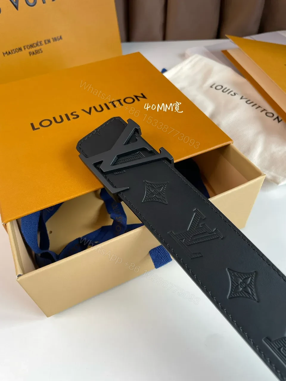View 4 of Textured Black Leather Belt — Modern Monogram, Premium Grip
