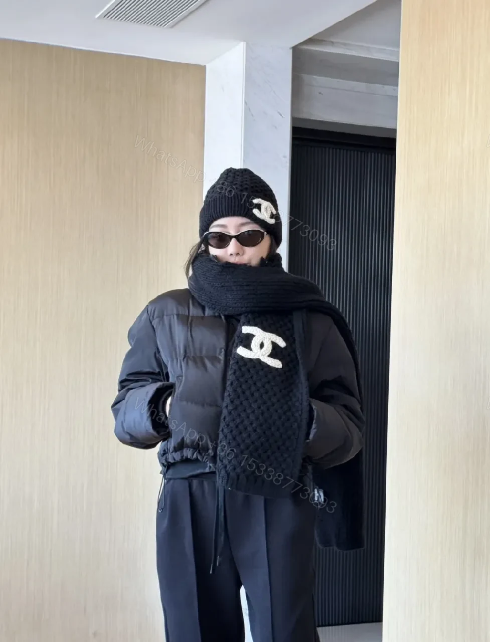View 3 of Black Ivory Knit Set: Luxe Scarf & Beanie with Logo Clasp