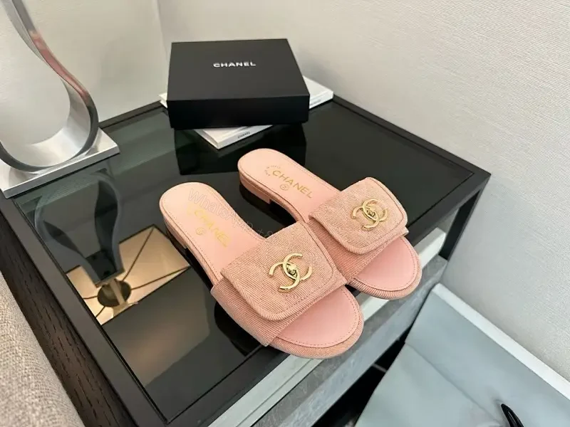 Soft Pink Slip-On Sandals with Gold Logo – Luxury Comfort — view 1