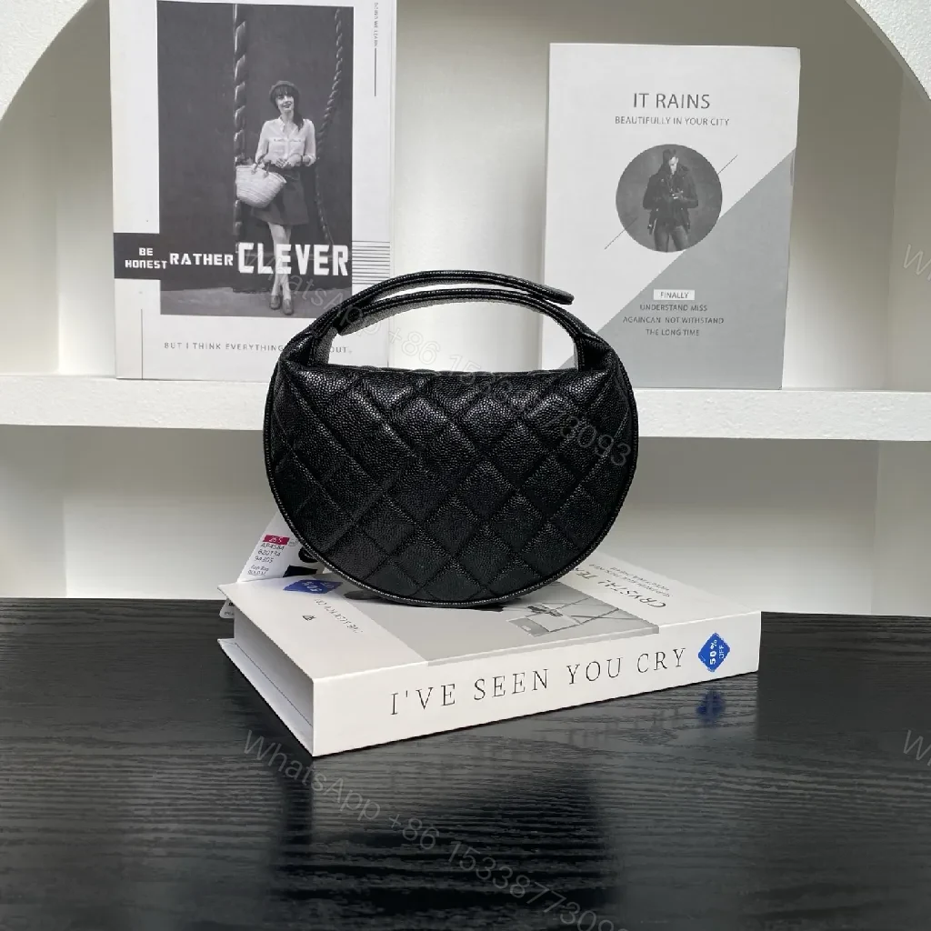 View 4 of Compact Quilted Black Mini Bag with Pearl Chain