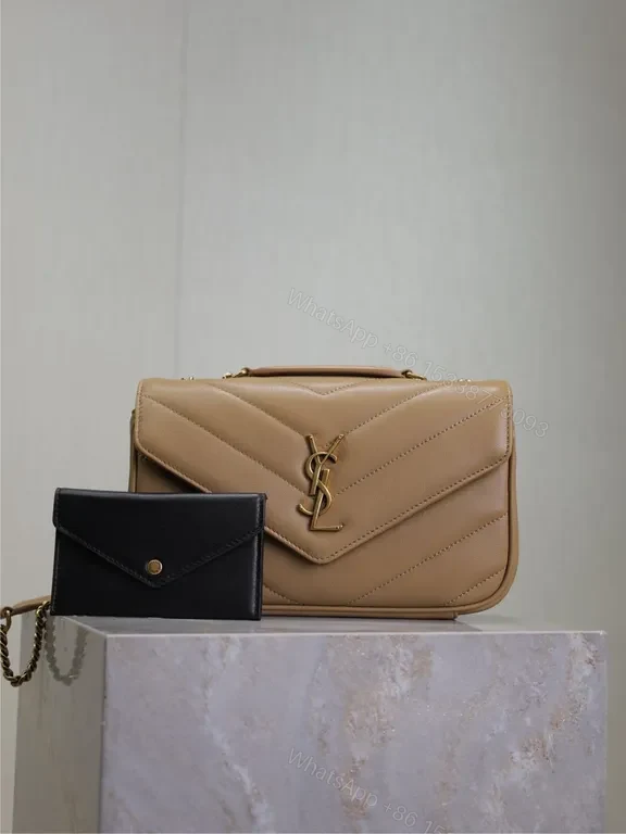 Taupe Leather Chic Bag: Quilted Chevron with YSL Accent — view 1