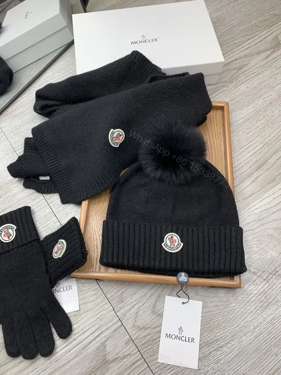 View 2 of Moncler Black Knit Winter Accessories Set: Beanie, Scarf, Gloves