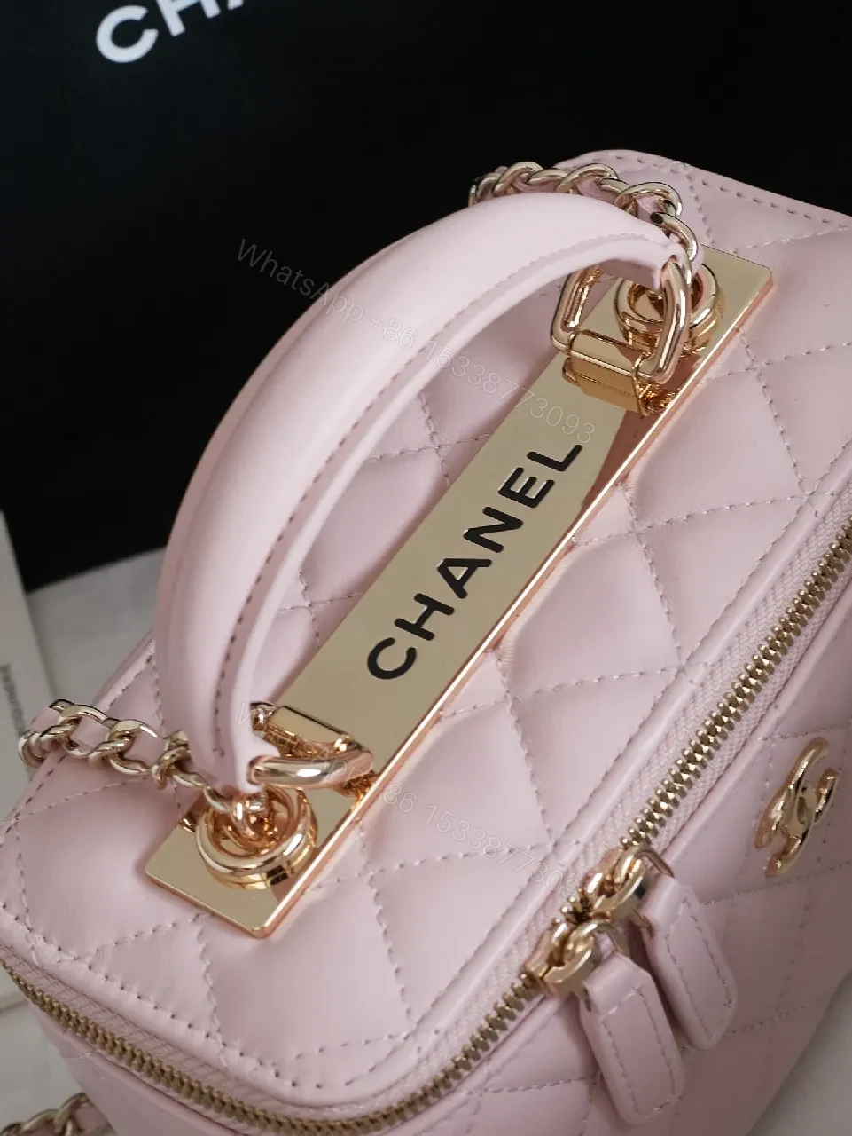 View 6 of Pastel Pink Quilted Mini Bag with Gold Hardware