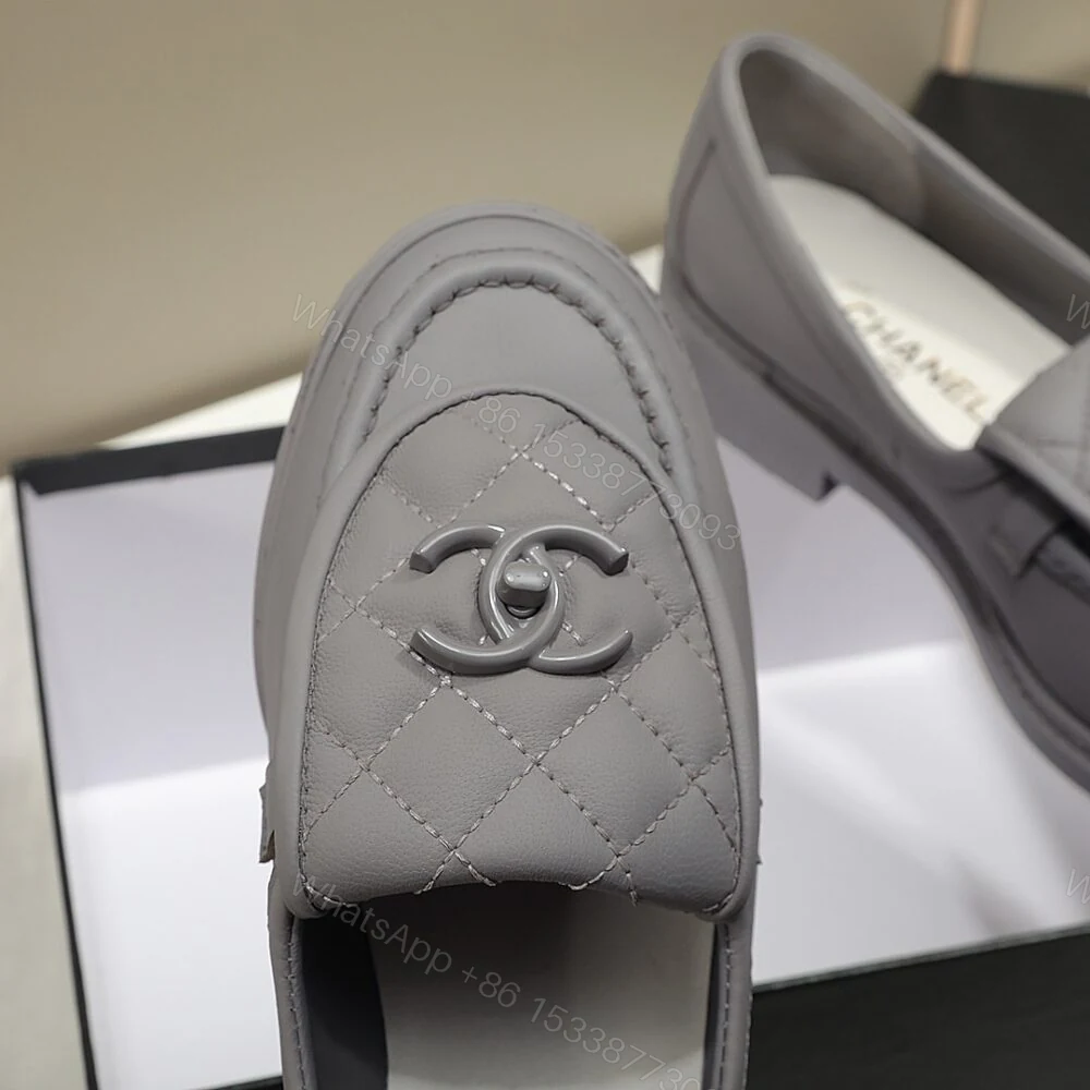 View 3 of Chanel CC Nib Turnlock Moccasins Flat Loafers Grey