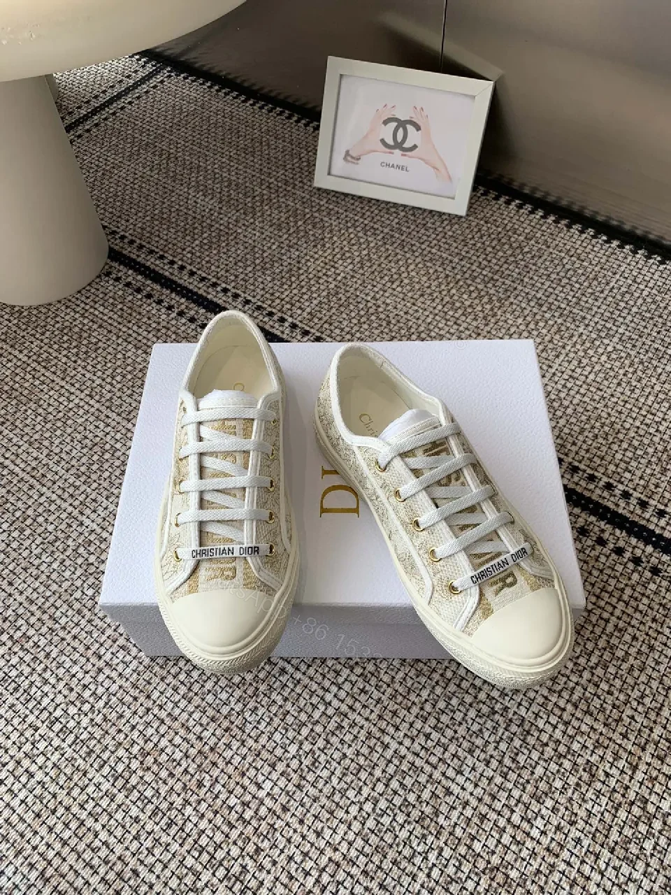 View 9 of Cream Canvas Low-Top Sneakers with Monogram Texture