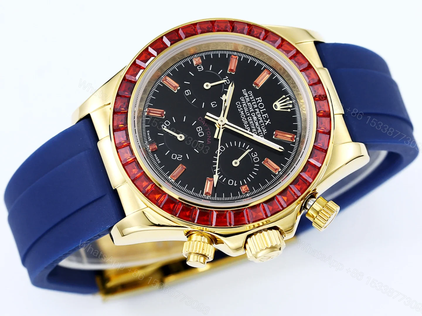 View 3 of Rolex Daytona Ruby Blue Strap Replica 43MM Exclusive Gold Case Edition RG-ROLEX-DAYTONA-RUBY-BLUE-43