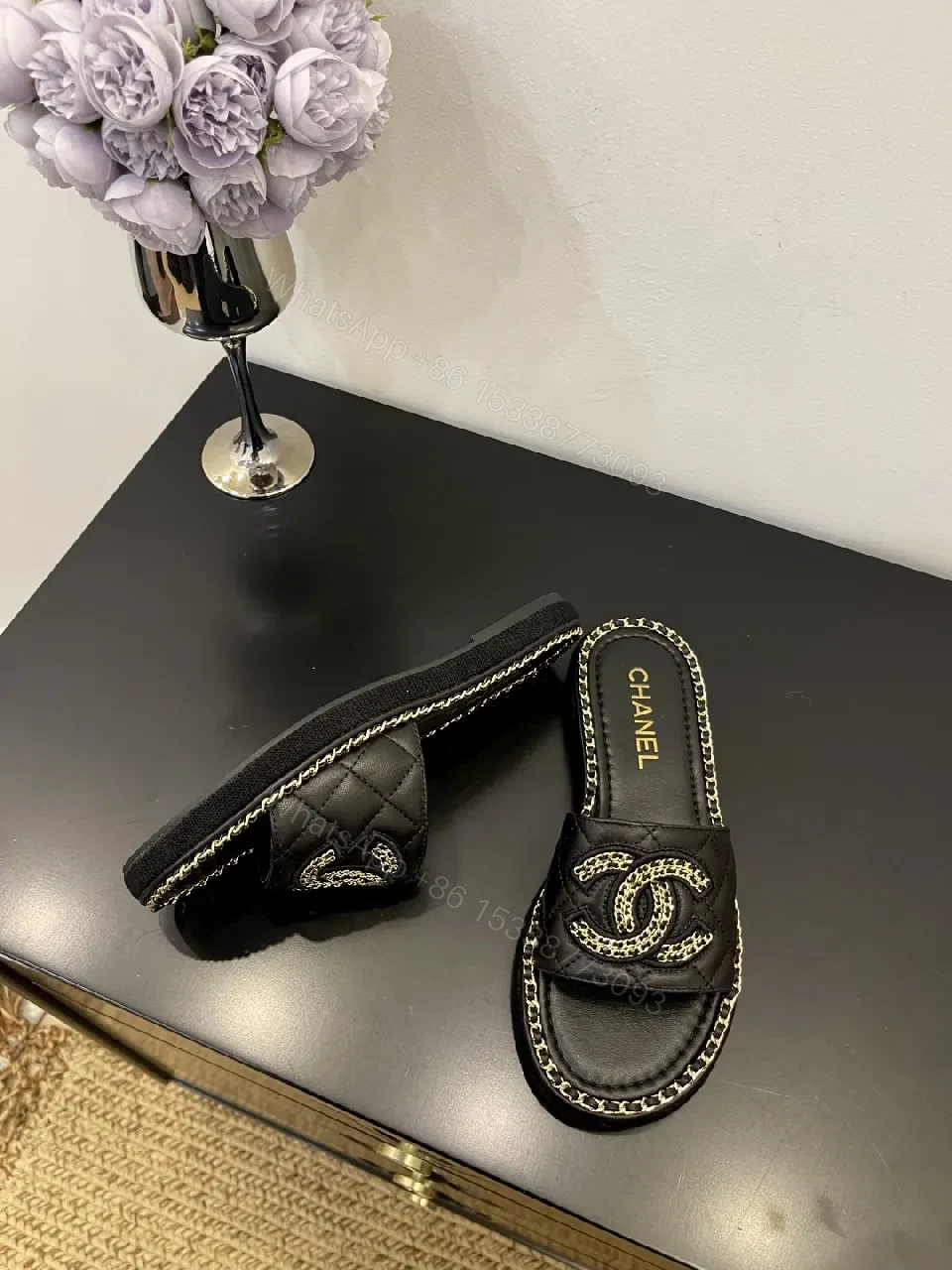 View 5 of Black Leather Slip-Ons with Chain Detailing Sandals