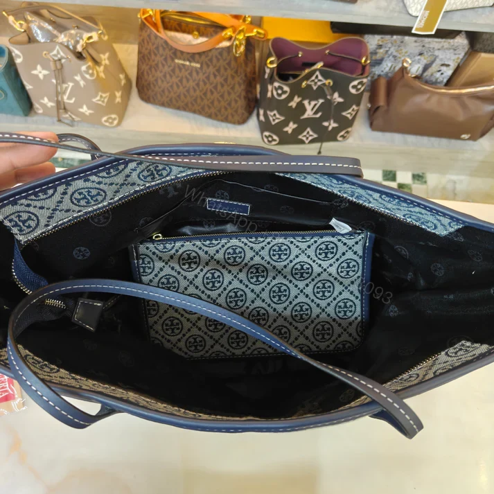 View 13 of First Copy Tory Burch T Monogram Large Zip Tote Bag Navy Blue