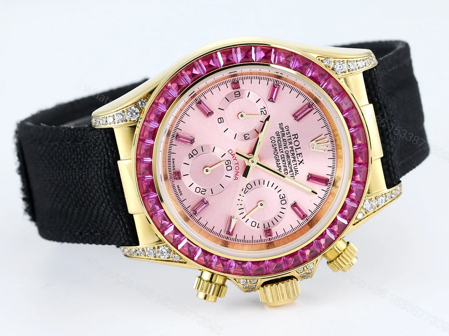 View 3 of Rolex Daytona Pink Ruby Black Strap Replica 43MM Exclusive Gold Case Edition RG-ROLEX-DAYTONA-PINK-RUBY-BLACK-43